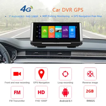 Automobilinis 7 Colių 4G Android 8.1 Automobilių DVR GPS 2G RAM FHD 1080P Vaizdo įrašymo Dvigubo Objektyvo prietaisų Skydelio Kamera, WiFi App Nuotolinio Stebėjimo
