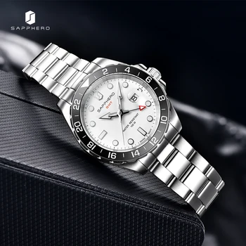 Balta Mens Watch SAPPHERO GMT Laikrodžiai Vyrų 100M Vandeniui Prabangus Nerūdijančio Plieno Laikrodis Dirželio Stilingas Laikrodis