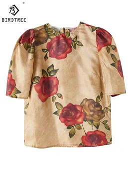 Birdtree 16MM 100%Mulberry Šilko marškinėliai Moters O-Kaklo trumpomis Rankovėmis, Retro Rose Mados Tees Rudenį, Pavasarį Naujas Viršūnes T39427QM