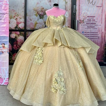 Blizgančių Aukso Brangioji Princesė Kamuolys Suknelė Quinceanera Suknelę nuo Peties Nėrinių 3DFlower Saldus 16 Suknelė Vestidos De 15