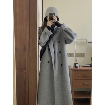 Derliaus Office Lady Vidutinio Ilgio Vilnoniai Paltai Moterims Žiemos Tirštėti Korėjos Prarasti Vieną Krūtinėmis Streetwear Vilnos Mišinys Paltai