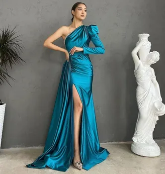 Elegantiška, Undinėlės Prom Dresses Grindų Ilgis Vieno Peties Satino Vakare Šalies Suknelės Moterims Užsakymą