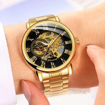 Forsining Prabanga Aukso Skeletas Žiūrėti Vyrams, Mechaninė Laikrodžius Šviesos Rankas Akies Nerūdijančio Plieno Dirželis Klasikiniai Laikrodžiai