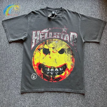 Hip-Hop Skeletas Fuzzy Spausdinimo Plauti Juoda Vintage Hellstar T-Marškinėliai Vyrams, Moterims, Aukštos Kokybės Negabaritinių Trumpas Rankovėmis Tee Viršų