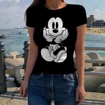 Kawaii Mickey Mouse Spausdinti Marškinėliai Moterims Vasaros Viršūnes Animacinių filmų 3D Grafikos Tees Mielas Disney Anime T-shirt Moterų Marškinėlius