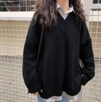 Korėjos stiliaus prarasti v kaklo vientisos spalvos megzti šilti moteriški megztiniai megztiniai ir puloveriai
