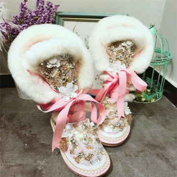 Mielas Sunkiųjų Mašinų kalnų krištolas aukštas, lankas, kaspinas, rankų darbo custom pink bunny kailio merginos plus-size nėrinių sniego batai