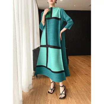 Miyake Plisuotos Geometrinis Spausdinti Suknelė Moterų 2023 Rudenį Naujas Originalus Dizainerio ilgomis Rankovėmis Plisuotos Prarasti Plius Dydis Suknelė