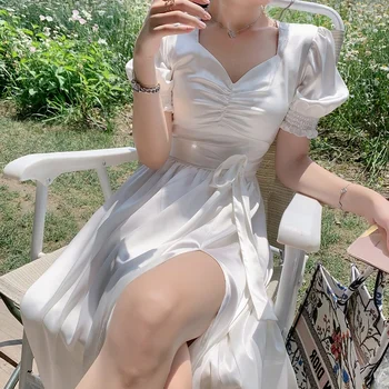 Moterys Vasarą Seksualus Baltas Sluoksniuotos Rankovėmis Slim Baltos spalvos Suknelė Naują Pasakų Satino V-kaklo Pusėje Ritininės Elegantiškas Saldus Ilgai Cottagecore Suknelės