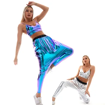 Moterų Laisvalaikio Atspindintis Ilgos Kelnės su Kišenėmis Aukštos Juosmens, Palaidi Holografinis Kratinys Kelnės Klubo Šokių Jogger Clubwear
