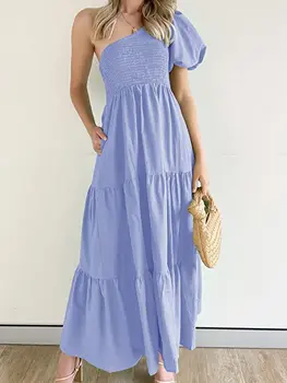 Ponios Suknelė aukščiausios kokybės Vasarą sluoksniuotos rankovėmis vientisos spalvos vieno peties Suknelės Vestidos dropshipping pardavimo HMYZFRX6651