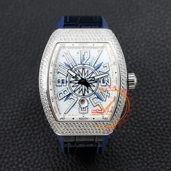 Vanguard Buriavimas V45 Automatinė Mens Watch Deimantų Bezel Balta Tekstūra Dial Mėlyna Bedantis Super Klonas 2023 Prabanga Reloj Hombre