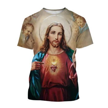 Vasaros Atsitiktinis 3D Jėzus Marškinėlius Vyrų Jėzus Atspausdintas T-shirt 2023 Trumpas Rankovės Streetwear Krikščionių Stiliaus Vyrų Drabužiai
