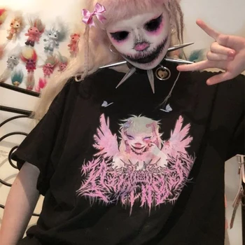 Vasaros Japonų Medvilnės tees Laisvi O-kaklo Gotikos drabužių y2k Siaubo Anime Mergina, Moteris, T-marškinėliai, Mados Punk Siaubo Atsitiktinis Viršūnės