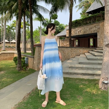 WDMSNA Paplūdimio Atostogų Stilius Laisvas Atsitiktinis Plisuotos Vestidos Naujas Berankovis Suspender Suknelė Gradientas Mėlyna Pajūrio Vasaros Suknelė Moterims