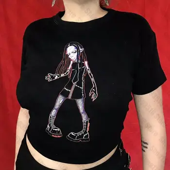 Y2k stiliaus Pasėlių Viršuje Vasaros Gotikos anime grafika Slim 90-ųjų Derliaus Kūdikių Tee emo Punk HipHop Moterų Pasėlių viršų trumpomis Rankovėmis Streetwear