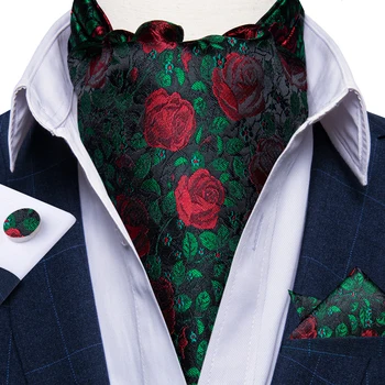 Žalia Šilko Vyrų Ascot Raudona Rožė Modelio Prabangūs Kišenėje Aikštėje rankogalių segtukai Mados Verslo Vestuvių Britų Cravat Šalis, Kaklaraištį Vyras